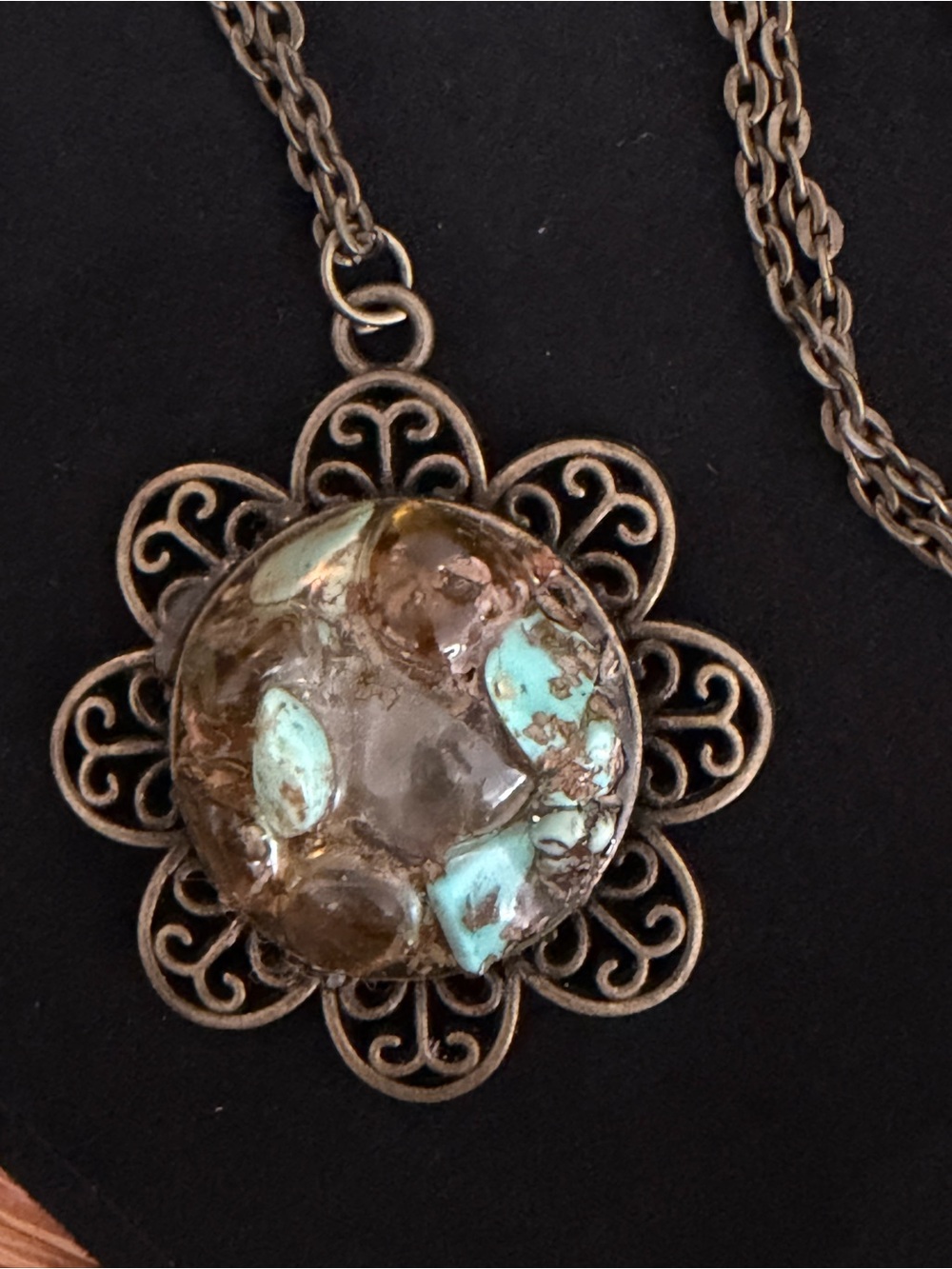 Turquoise & Amber Healing Amulet in bronze setting - Picture 6 of 8